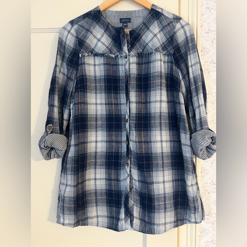 J.Jill denim cotton plaid shirt featuring fringe detail and button-front closure
